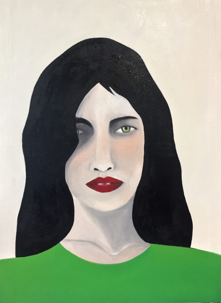 Rebecca Brodskis femme brune lèvres rouges haut vert