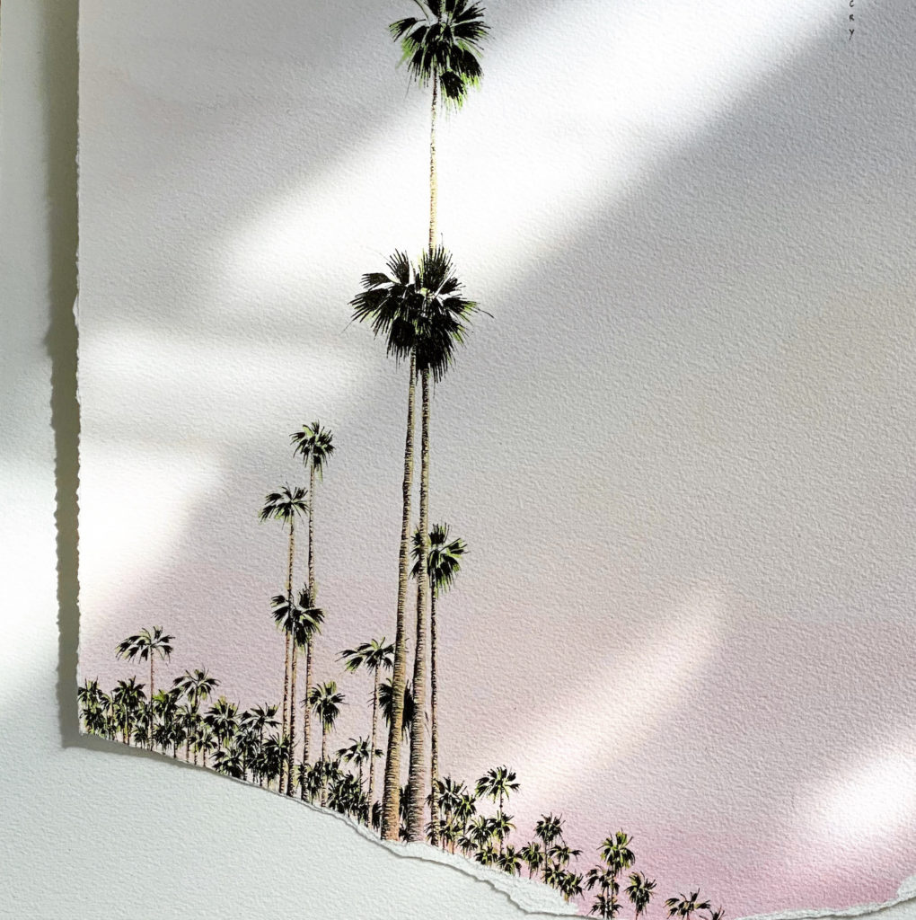 Julien Lischka ciel rose pâle palmiers ombres aquarelle