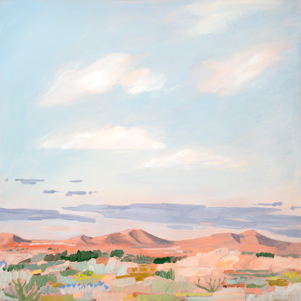 Peinture dans les tons pastels représentant un paysage montagneux