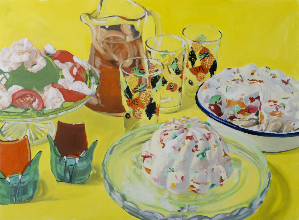 peinture représentant une table jaune avec dessus des plats de gelées, un pichet et 3 verres